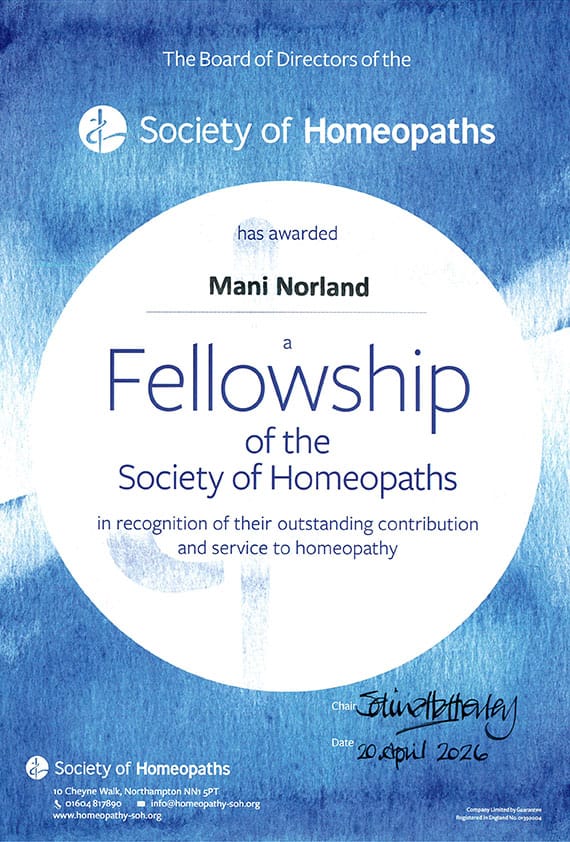 Mani Norland Fellowship Award Society of Homeopaths Mani Norland Fellowship Award Society of Homeopaths